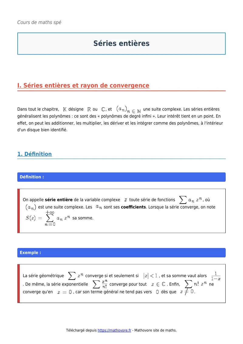 Cours de maths en maths spé : Séries entières à télécharger en PDF