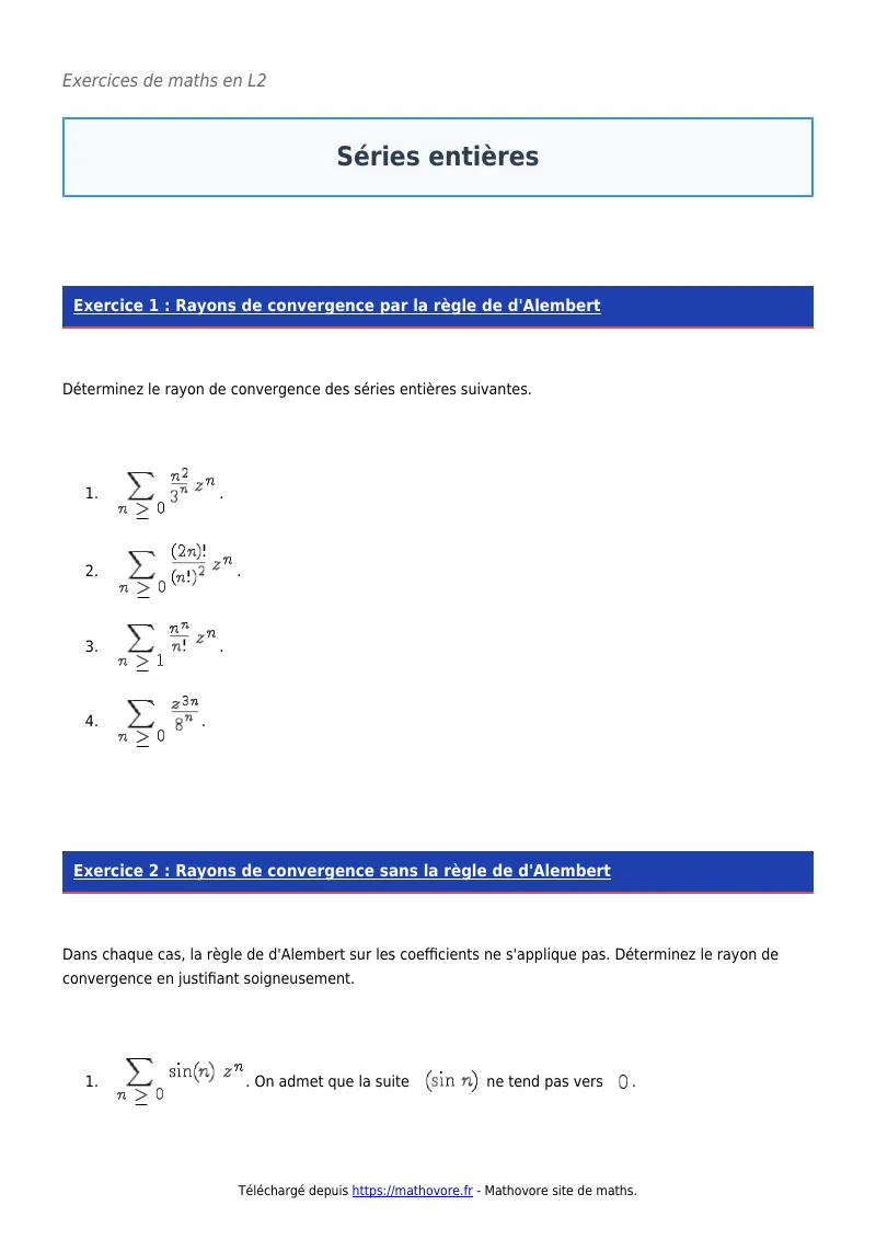 Exercices corrigés de maths en L2 : Séries entières à imprimer en PDF