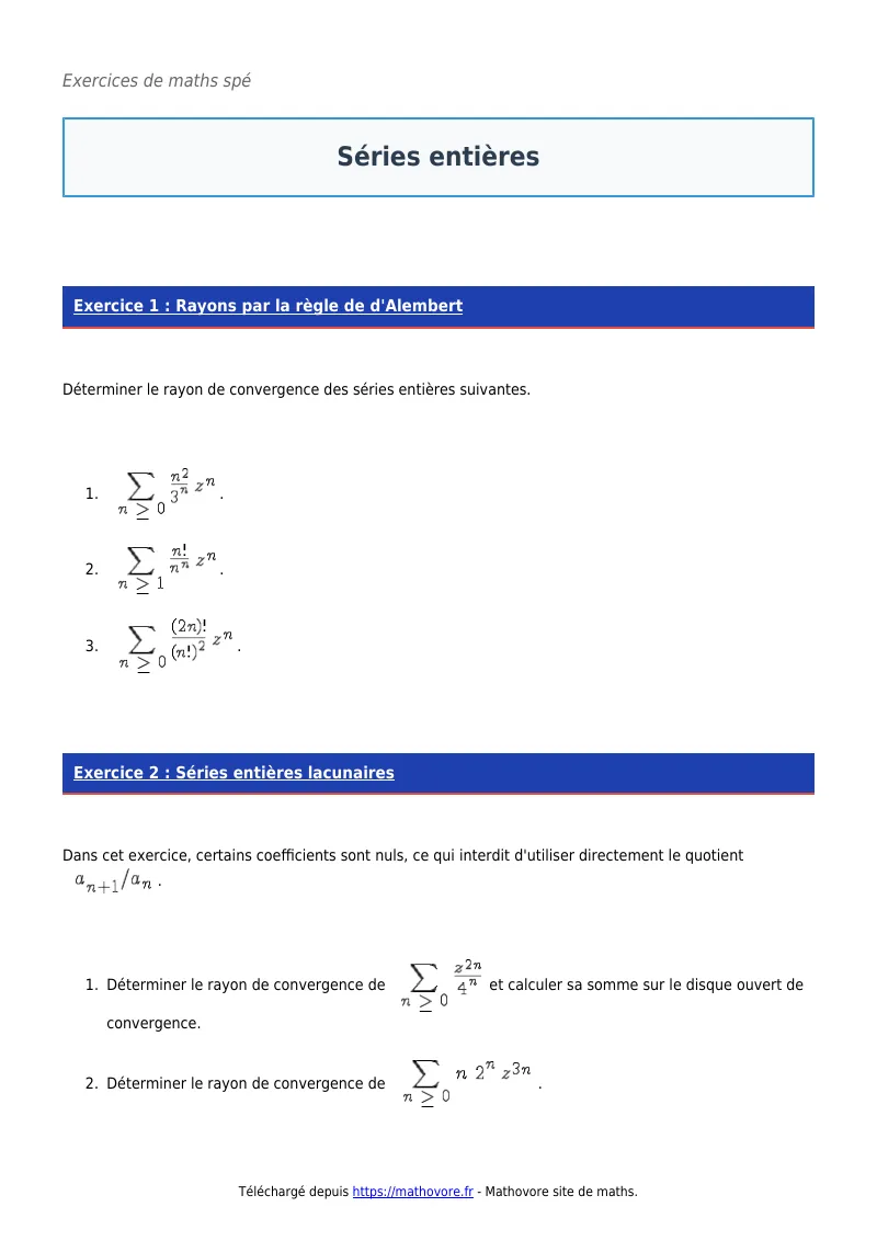 Exercices corrigés de maths en maths spé : Séries entières à imprimer en PDF
