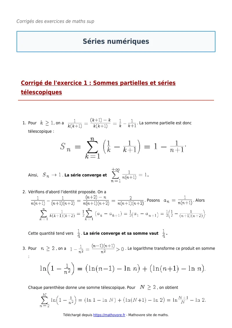 Exercices corrigés de maths en maths sup : Séries numériques à imprimer en PDF