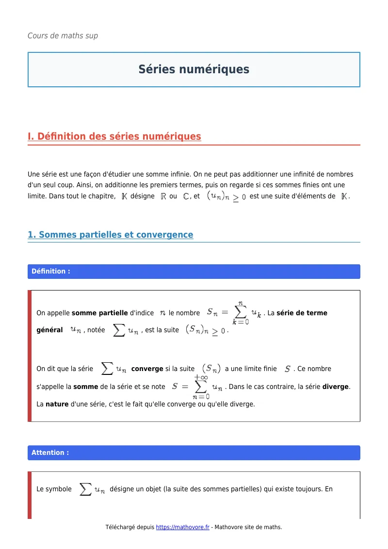 Cours de maths en maths sup : Séries numériques à télécharger en PDF
