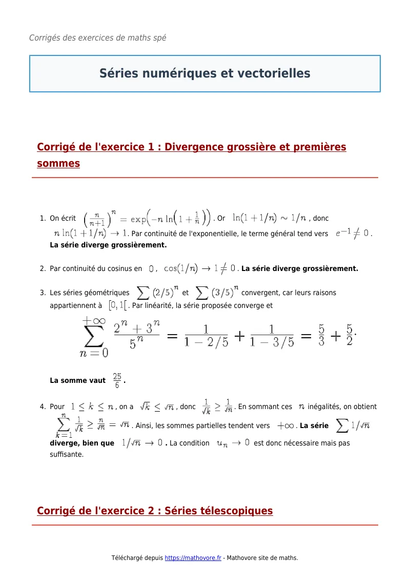 Exercices corrigés de maths en maths spé : Séries numériques et vectorielles à imprimer en PDF