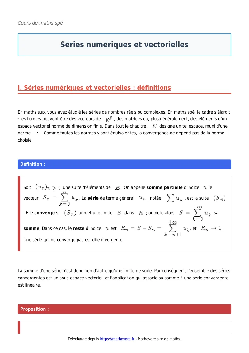Cours de maths en maths spé : Séries numériques et vectorielles à télécharger en PDF