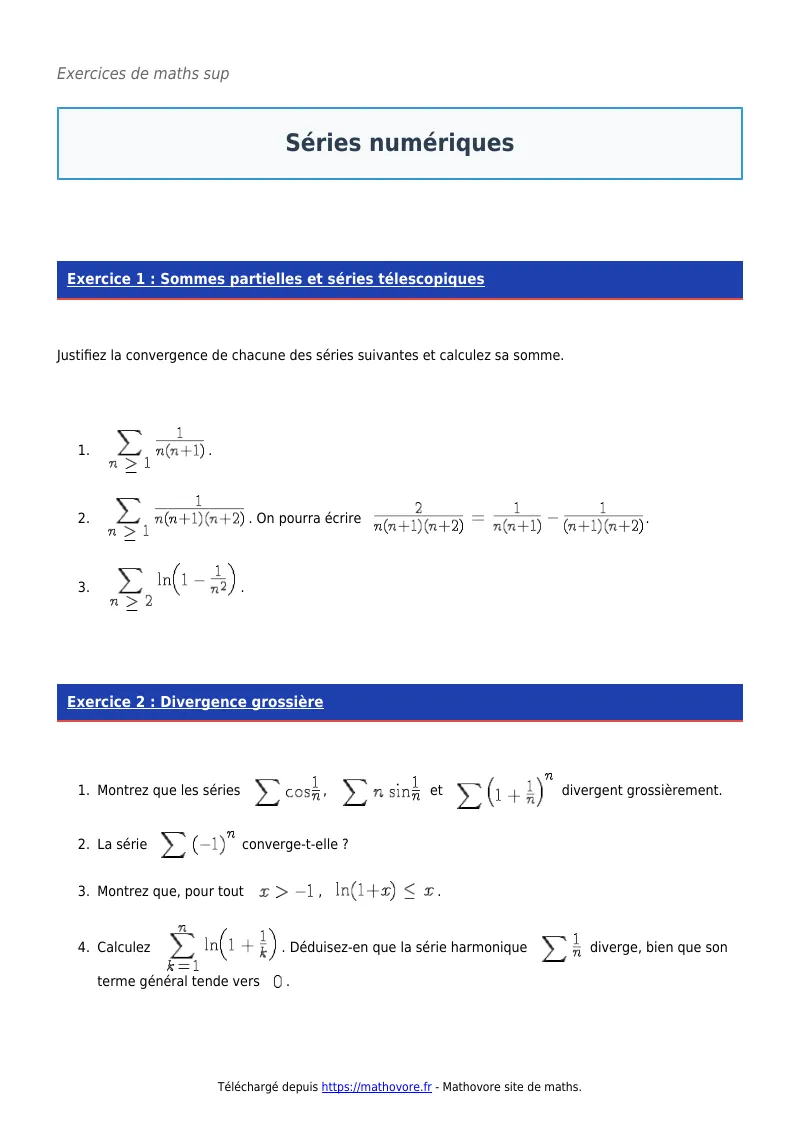 Exercices corrigés de maths en maths sup : Séries numériques à imprimer en PDF