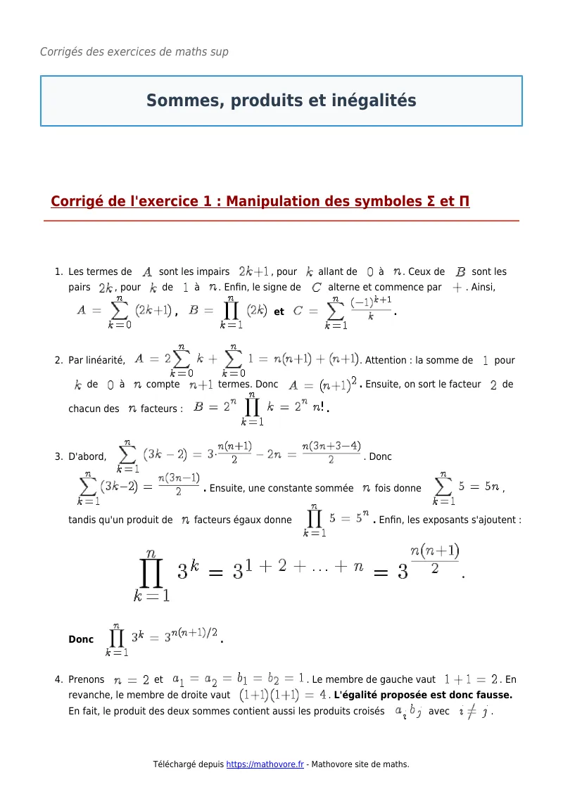 Exercices corrigés de maths en maths sup : Sommes, produits et inégalités à imprimer en PDF