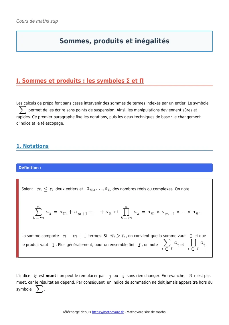 Cours de maths en maths sup : Sommes, produits et inégalités à télécharger en PDF