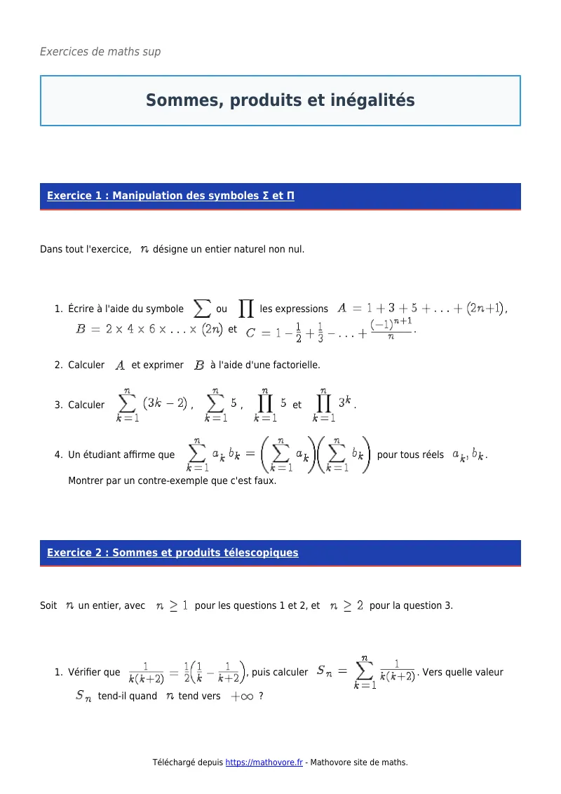 Exercices corrigés de maths en maths sup : Sommes, produits et inégalités à imprimer en PDF