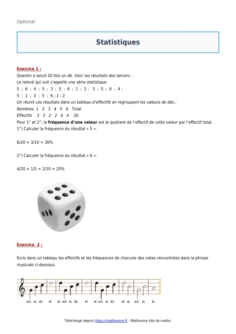 Exercices corrigés de maths en 5ème : Statistiques à imprimer en PDF