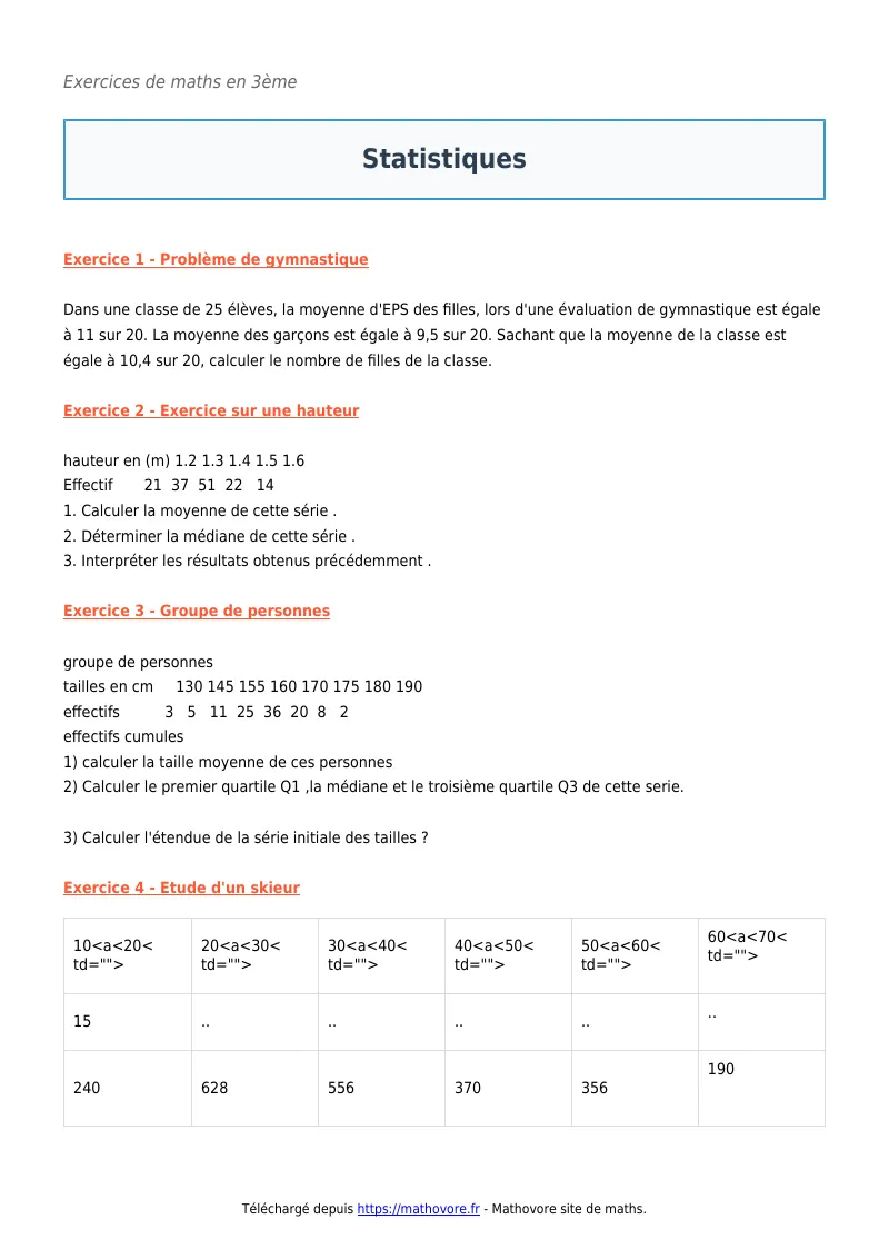 Exercices corrigés de maths en 3ème : Statistiques à imprimer en PDF