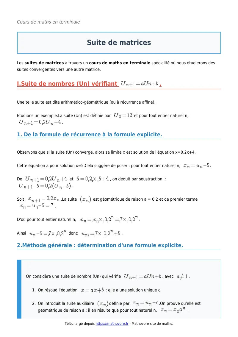 Cours de maths en terminale : Suite de matrices à télécharger en PDF