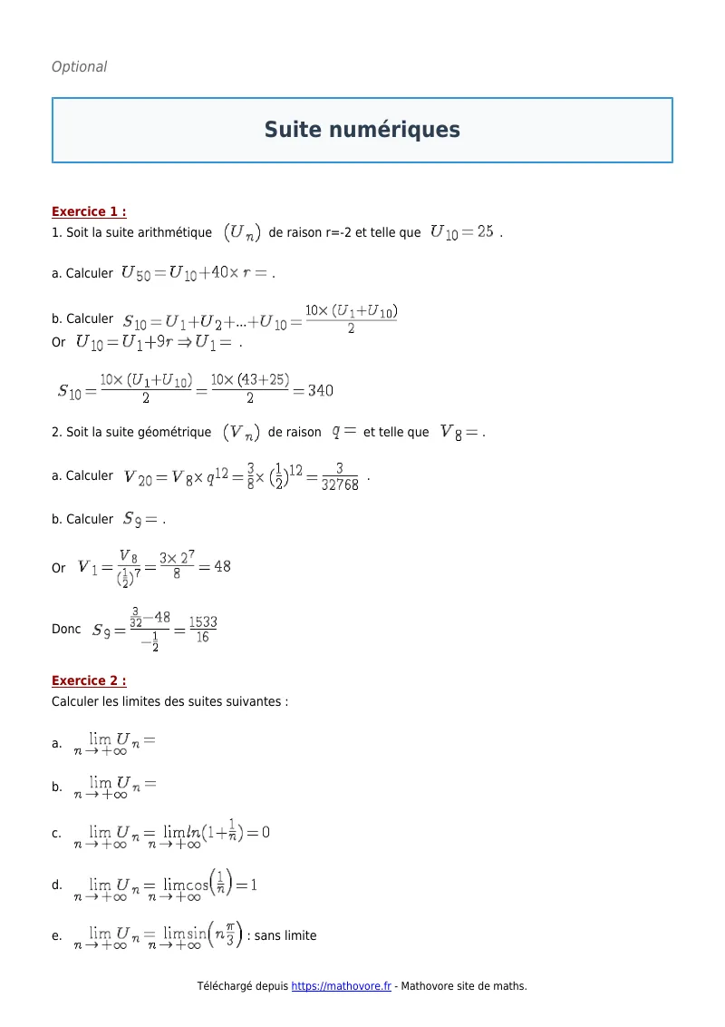 Exercices corrigés de maths en terminale : Suite numériques à imprimer en PDF