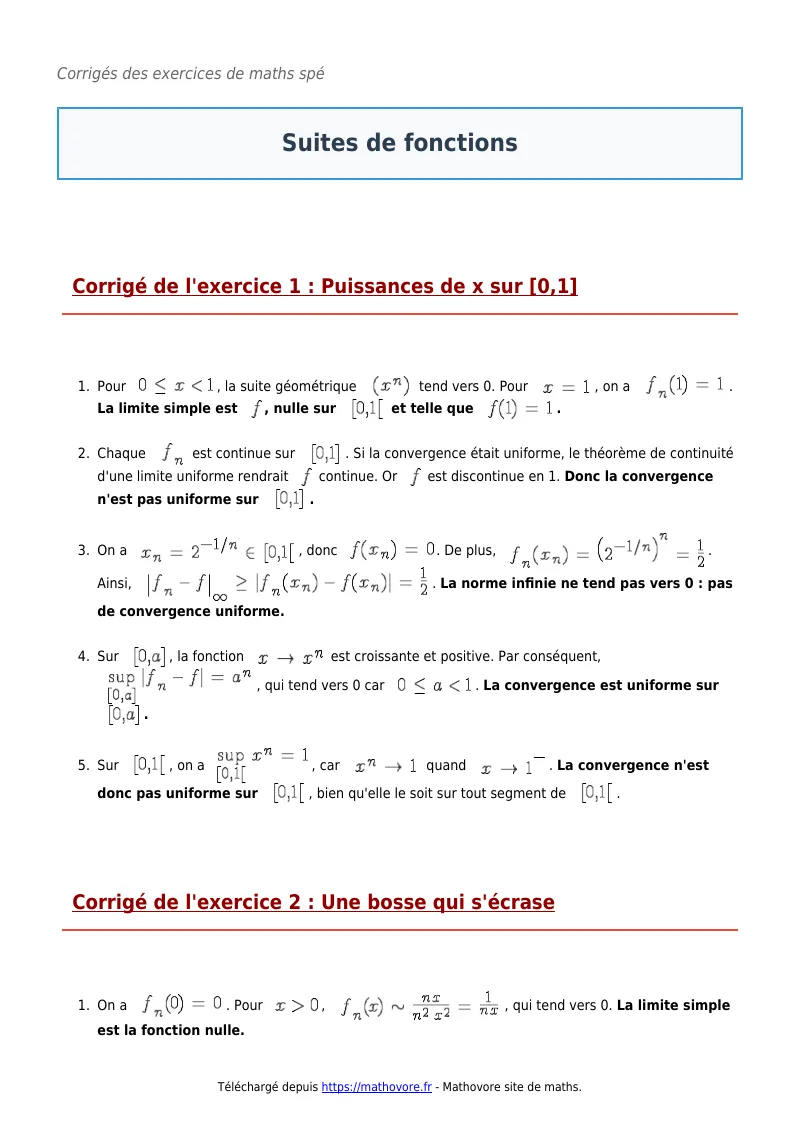 Exercices corrigés de maths en maths spé : Suites de fonctions à imprimer en PDF