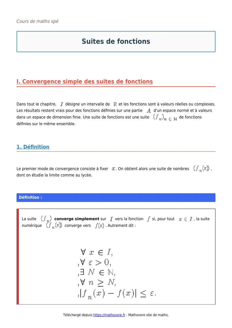 Cours de maths en maths spé : Suites de fonctions à télécharger en PDF