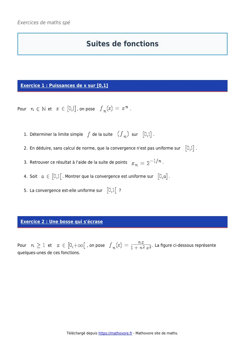Exercices corrigés de maths en maths spé : Suites de fonctions à imprimer en PDF