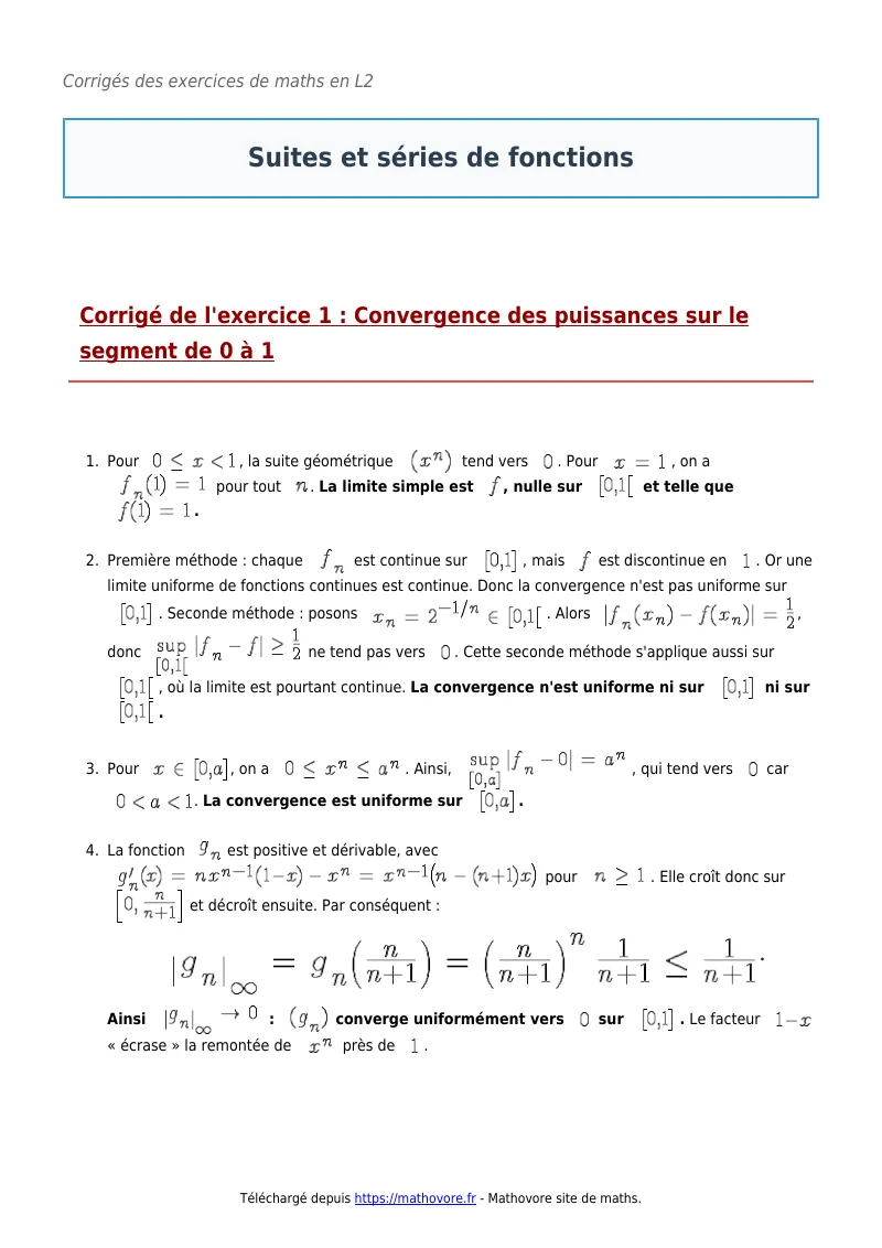 Exercices corrigés de maths en L2 : Suites et séries de fonctions à imprimer en PDF