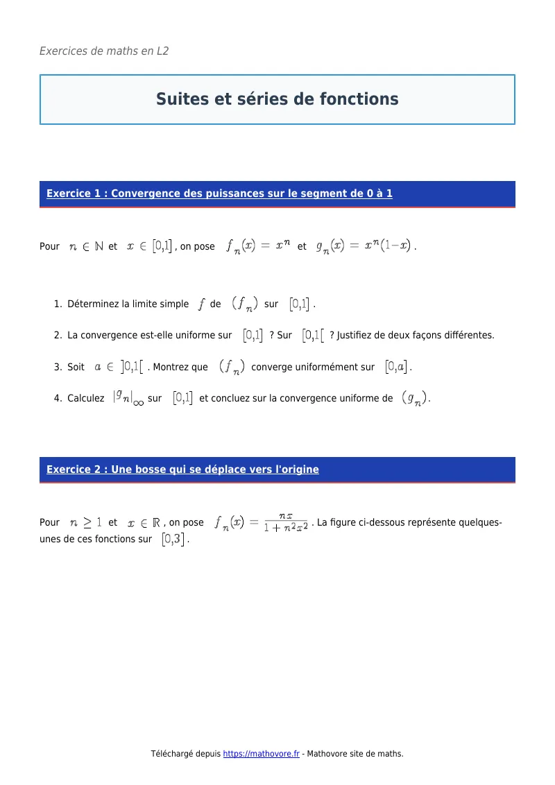 Exercices corrigés de maths en L2 : Suites et séries de fonctions à imprimer en PDF