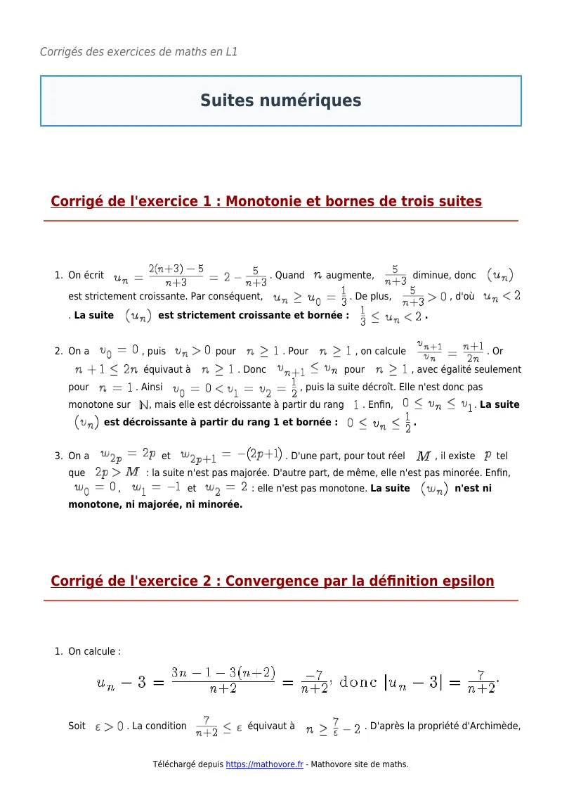 Exercices corrigés de maths en L1 : Suites numériques à imprimer en PDF