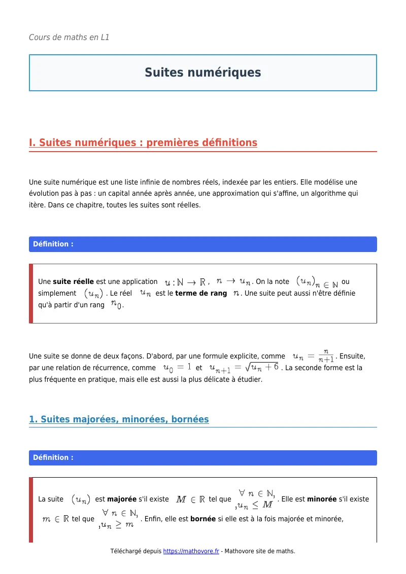 Cours de maths en L1 : Suites numériques à télécharger en PDF