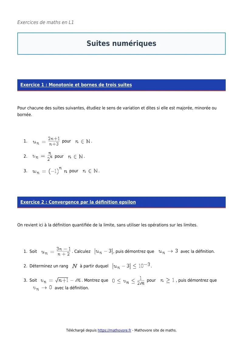 Exercices corrigés de maths en L1 : Suites numériques à imprimer en PDF
