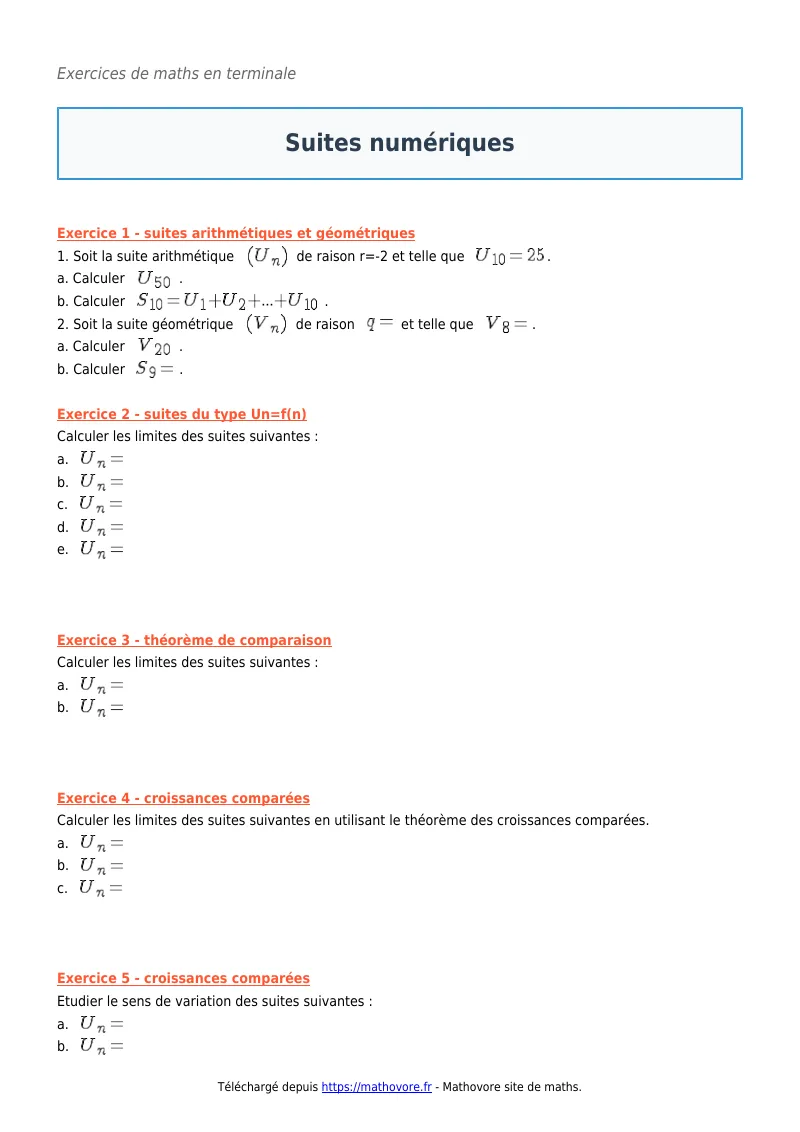 Exercices corrigés de maths en terminale : Suites numériques à imprimer en PDF