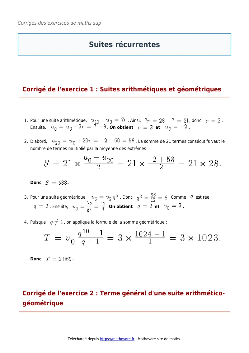 Exercices corrigés de maths en maths sup : Suites récurrentes à imprimer en PDF