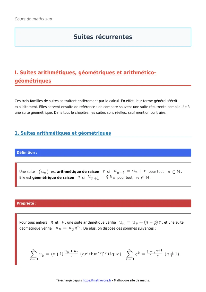 Cours de maths en maths sup : Suites récurrentes à télécharger en PDF
