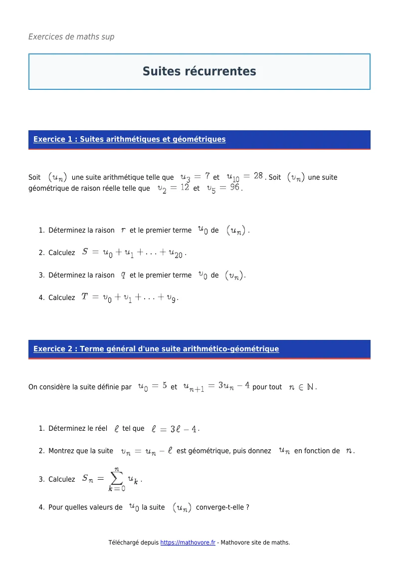 Exercices corrigés de maths en maths sup : Suites récurrentes à imprimer en PDF