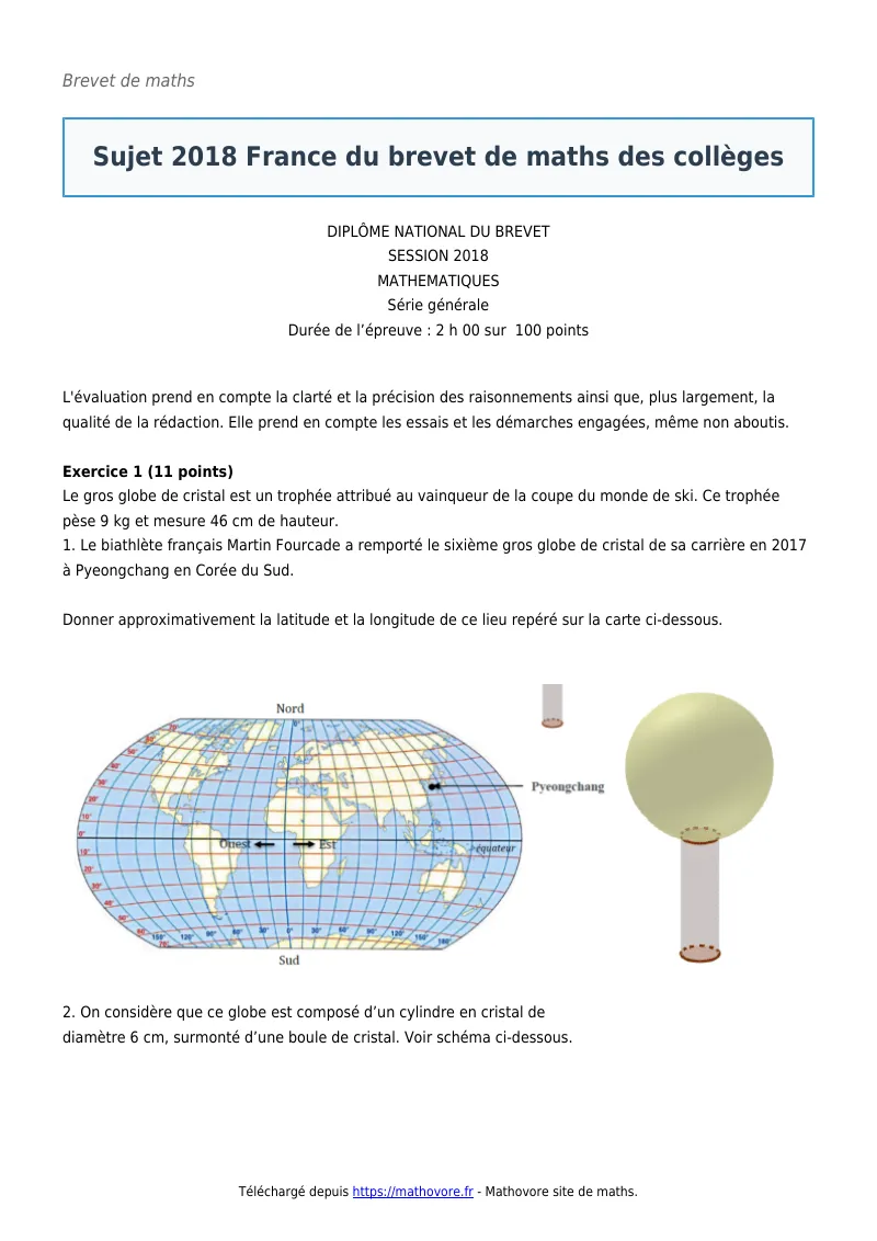 Brevet de maths : 2018 France du brevet des collèges corrigé en PDF