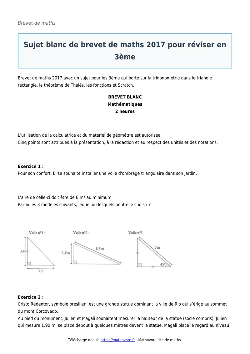 Brevet de maths : Blanc de brevet 2017 pour réviser en 3ème corrigé en PDF
