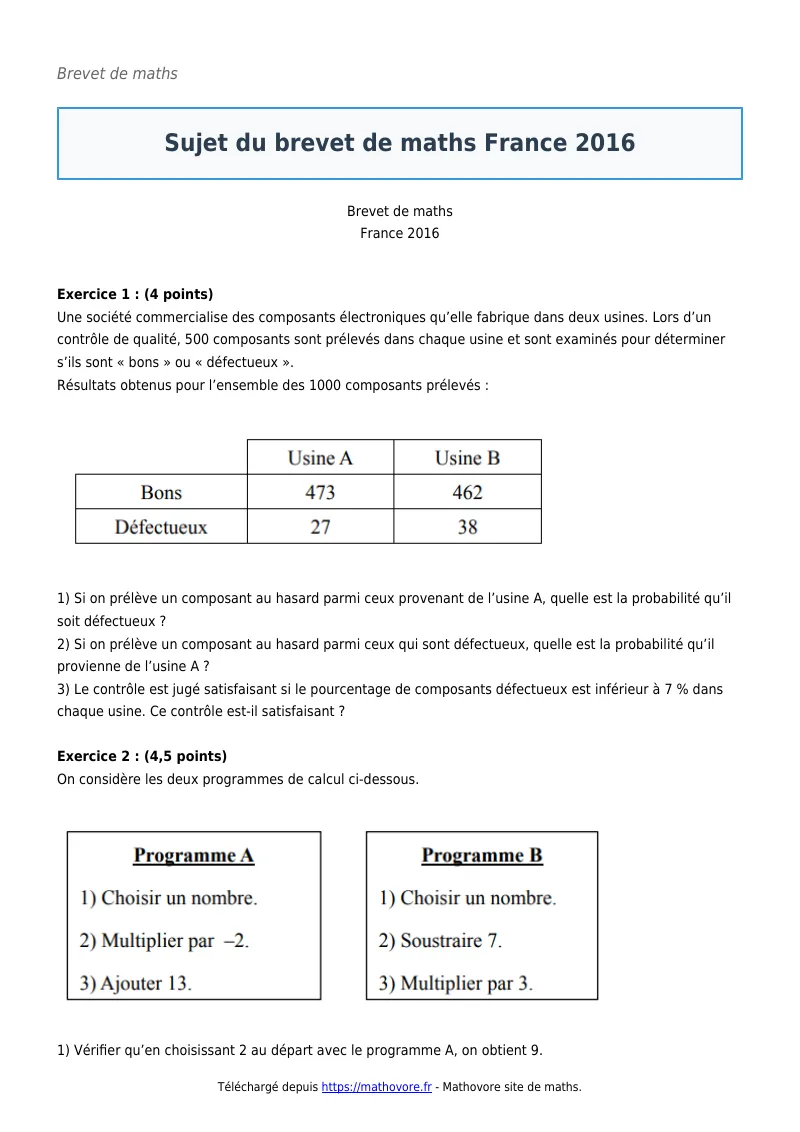 Brevet de maths : Du brevet France 2016 corrigé en PDF