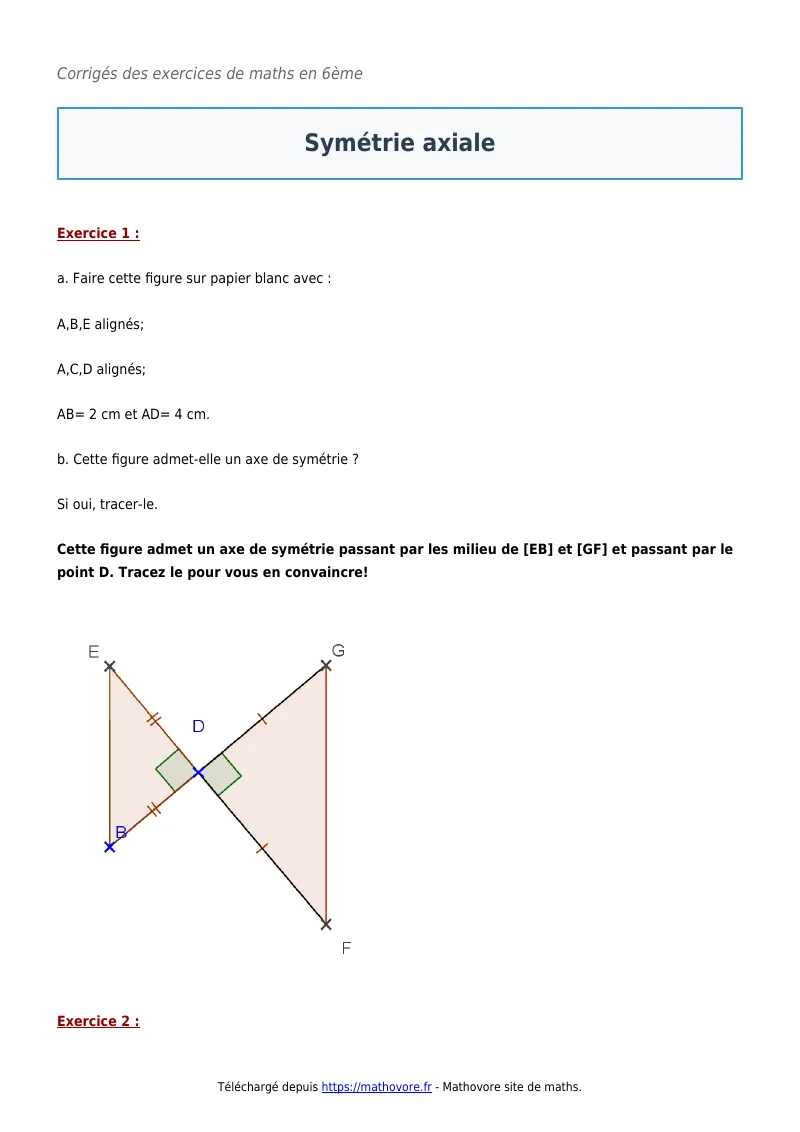 Exercices corrigés de maths en 6ème : Symétrie axiale à imprimer en PDF