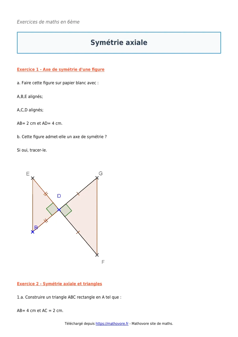 Exercices corrigés de maths en 6ème : Symétrie axiale à imprimer en PDF