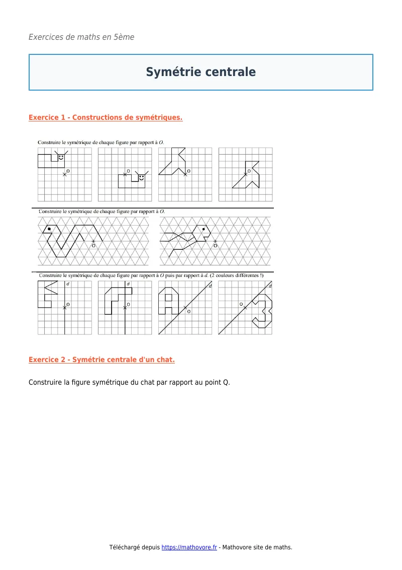 Exercices corrigés de maths en 5ème : Symétrie centrale à imprimer en PDF