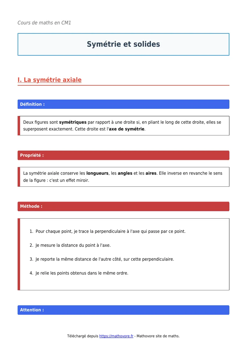 Cours de maths en CM1 : Symétrie et solides à télécharger en PDF