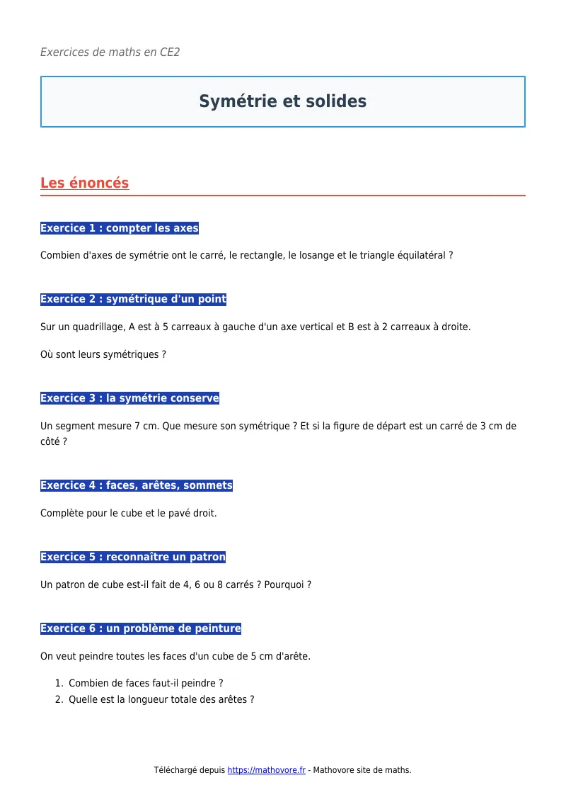 Exercices corrigés de maths en CE2 : Symétrie et solides à imprimer en PDF