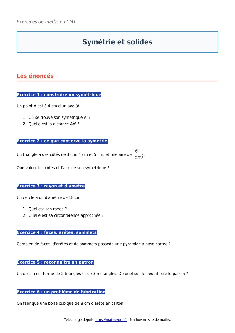 Exercices corrigés de maths en CM1 : Symétrie et solides à imprimer en PDF
