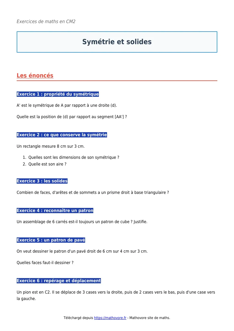 Exercices corrigés de maths en CM2 : Symétrie et solides à imprimer en PDF