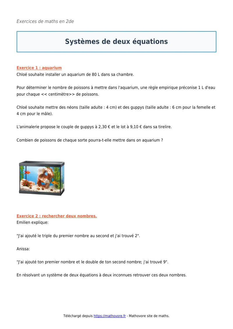Exercices corrigés de maths en seconde : Systèmes de deux équations à imprimer en PDF