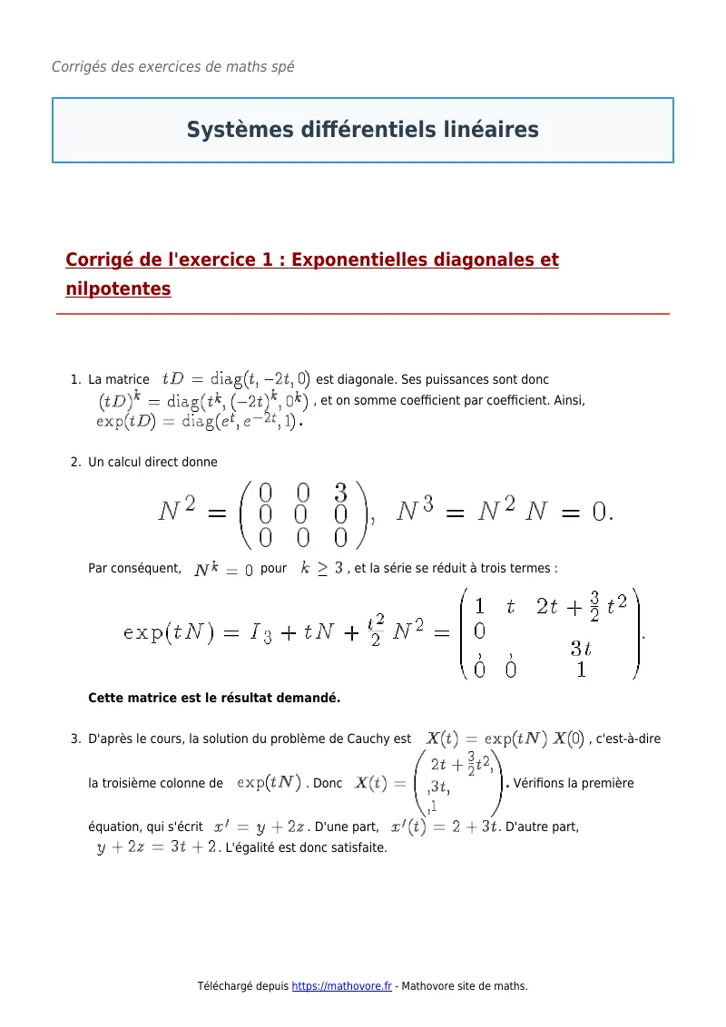 Exercices corrigés de maths en maths spé : Systèmes différentiels linéaires à imprimer en PDF