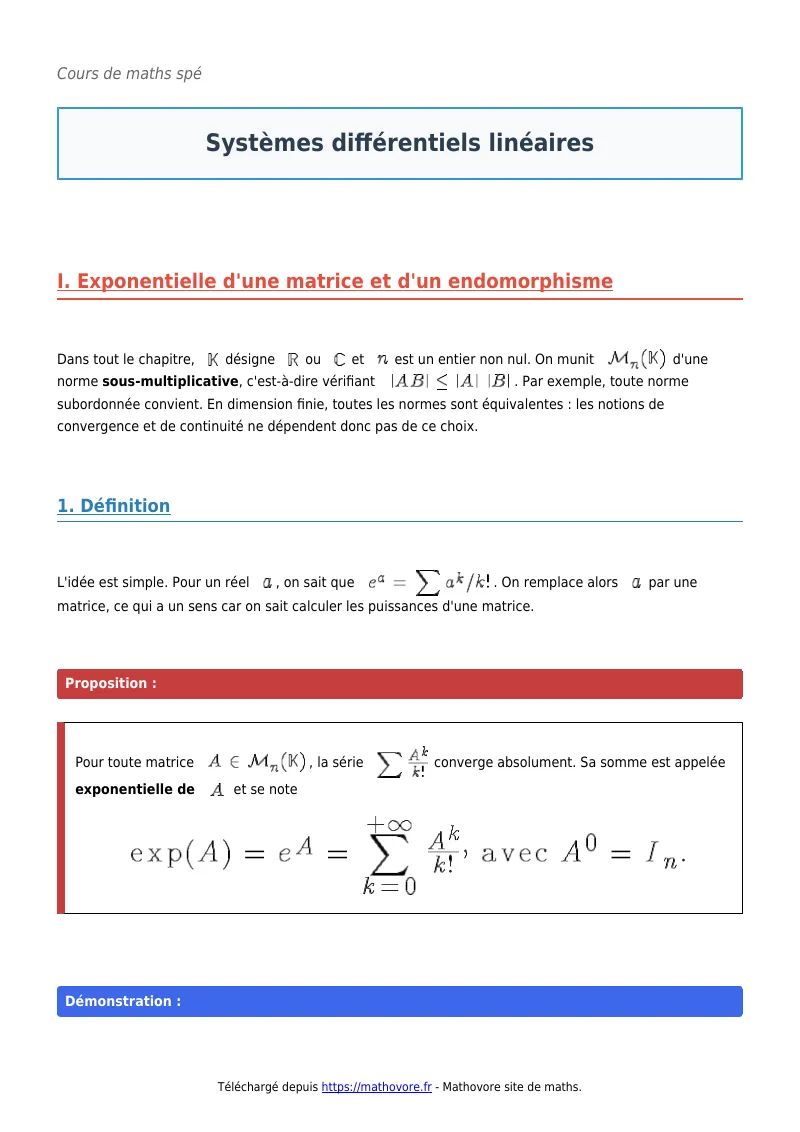 Cours de maths en maths spé : Systèmes différentiels linéaires à télécharger en PDF