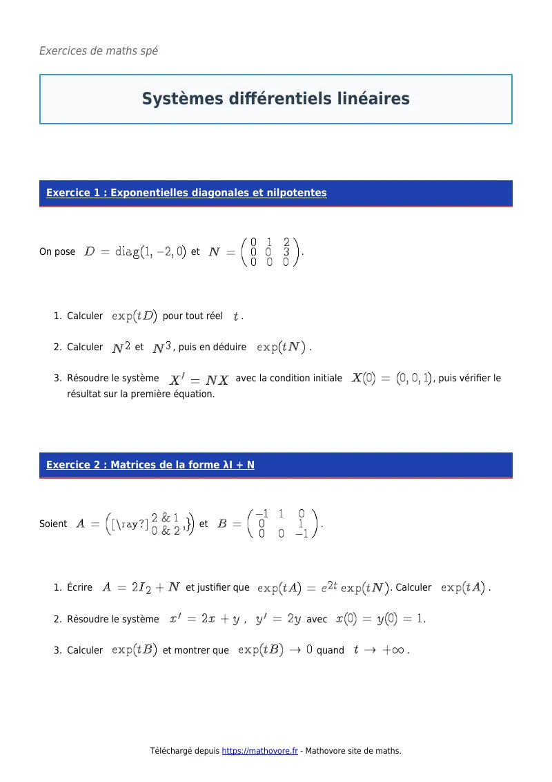 Exercices corrigés de maths en maths spé : Systèmes différentiels linéaires à imprimer en PDF