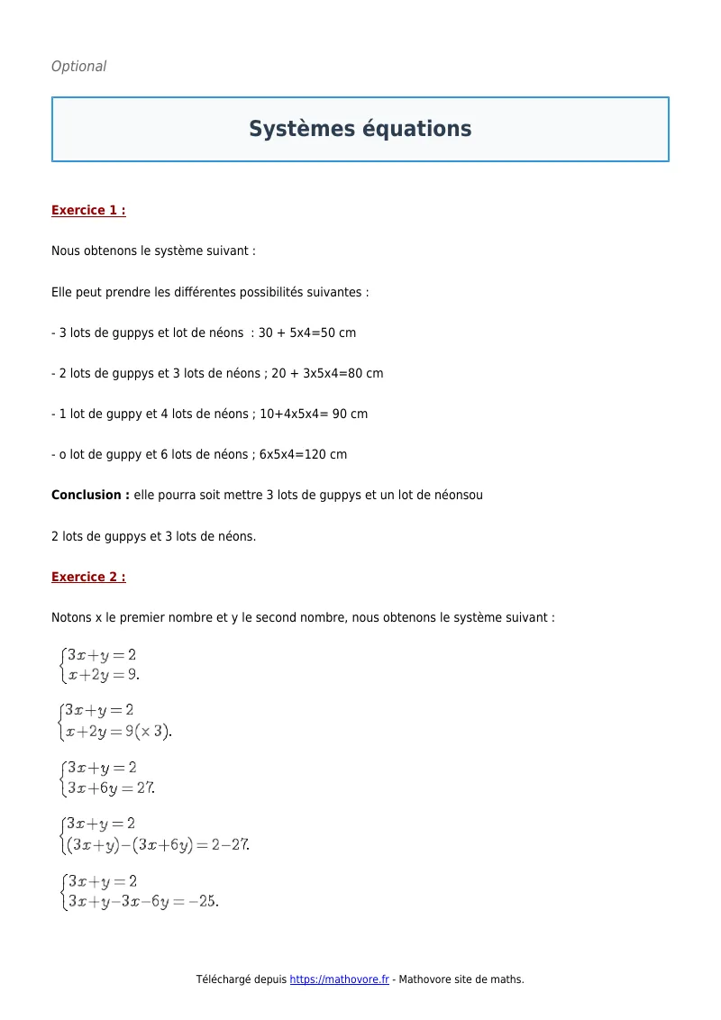 Exercices corrigés de maths en seconde : Systèmes équations à imprimer en PDF