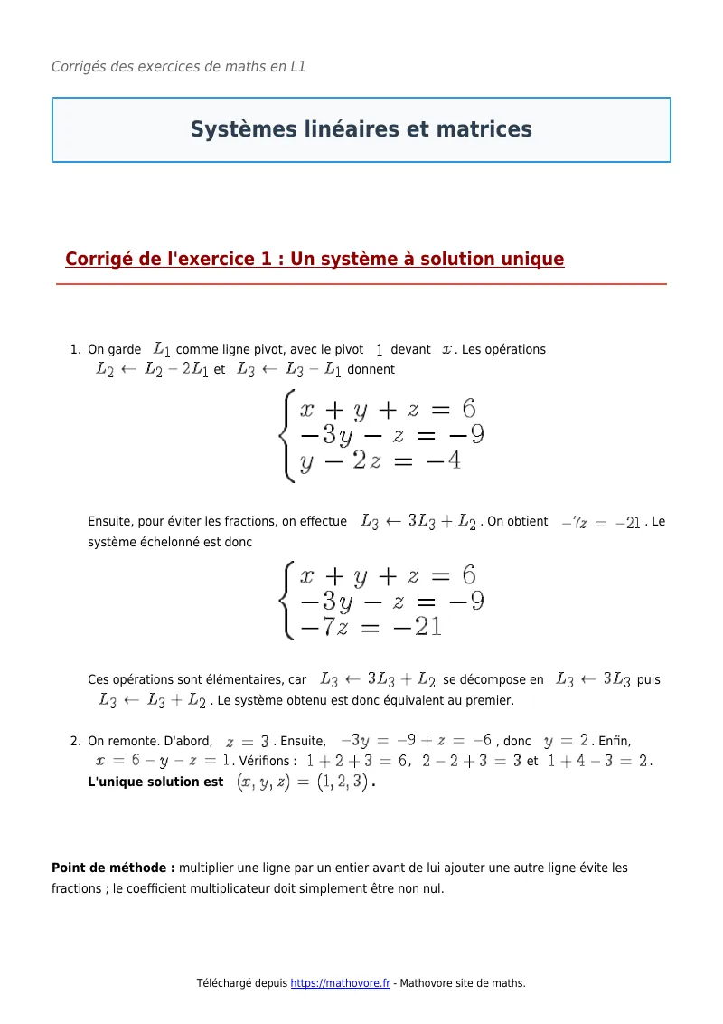Exercices corrigés de maths en L1 : Systèmes linéaires et matrices à imprimer en PDF