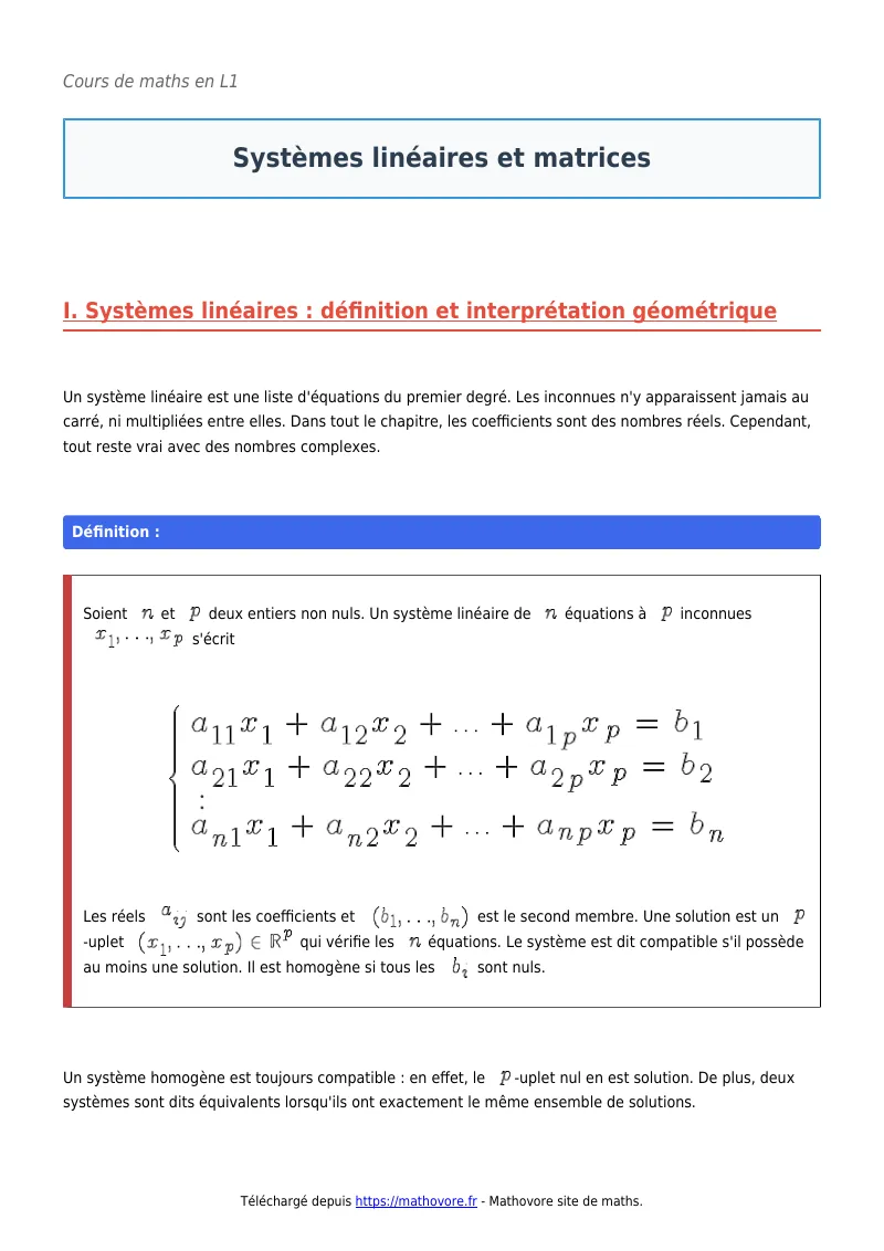 Cours de maths en L1 : Systèmes linéaires et matrices à télécharger en PDF