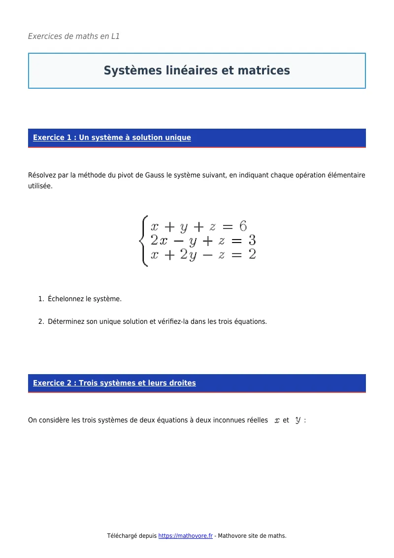 Exercices corrigés de maths en L1 : Systèmes linéaires et matrices à imprimer en PDF