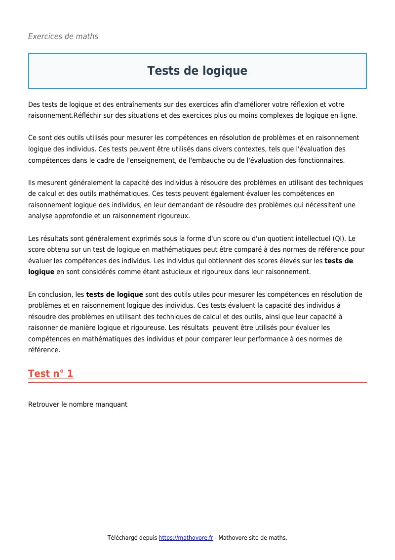 Exercices corrigés de maths : Tests de logique à imprimer en PDF