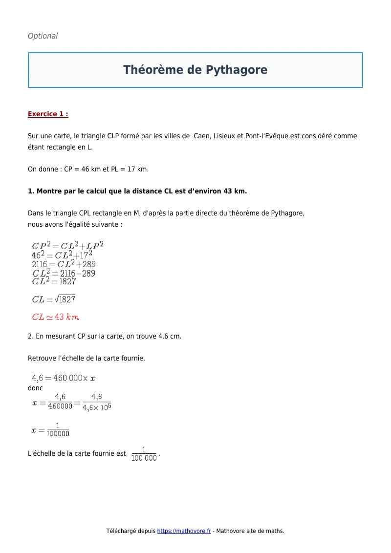 Exercices corrigés de maths en 4ème : Théorème de Pythagore à imprimer en PDF