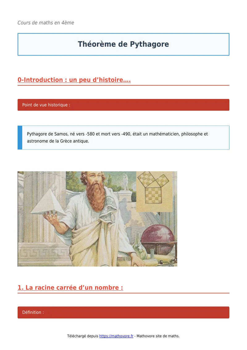 Cours de maths en 4ème : Théorème de Pythagore à télécharger en PDF