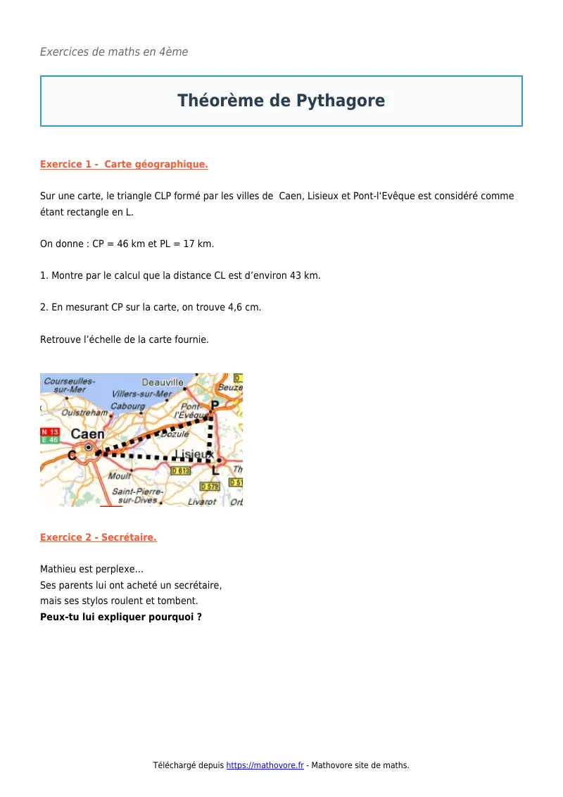 Exercices corrigés de maths en 4ème : Théorème de Pythagore à imprimer en PDF