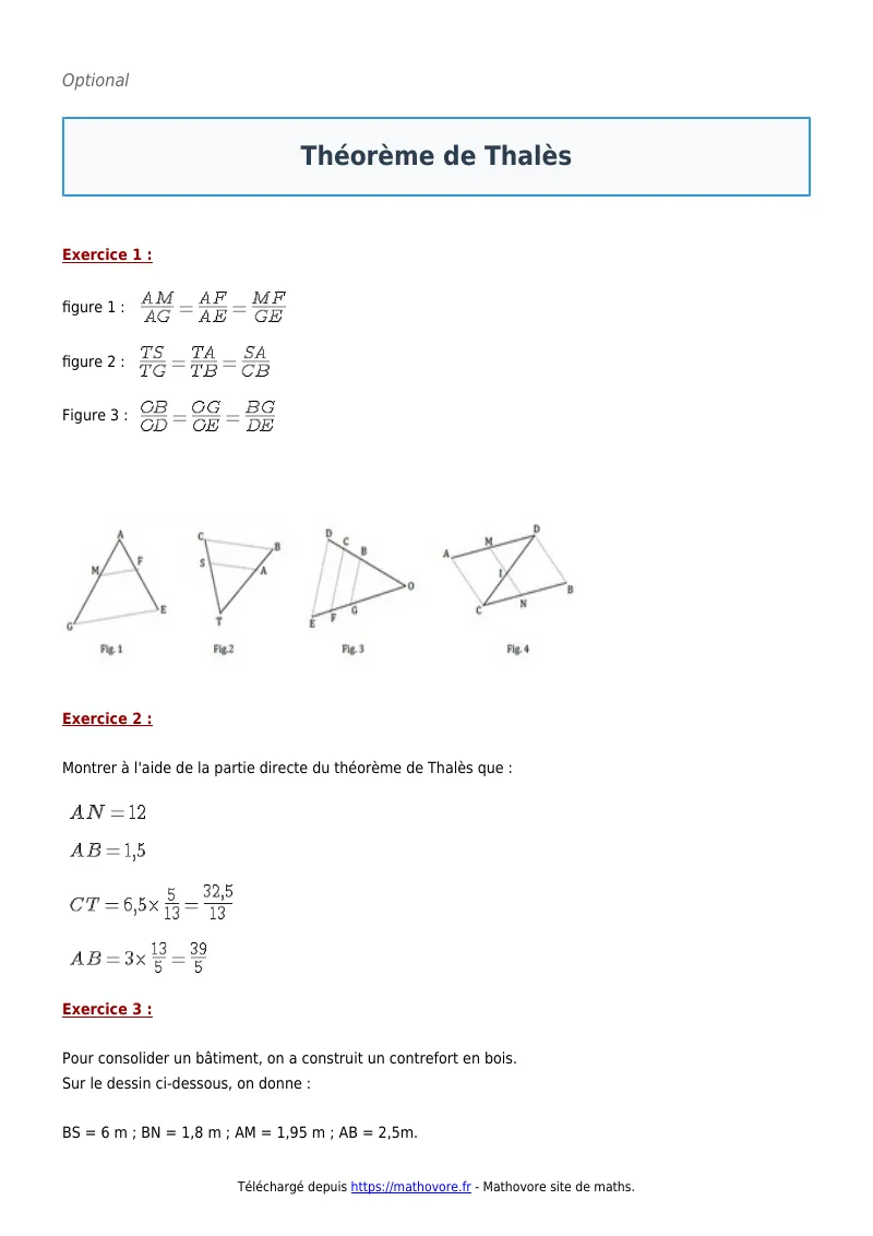 Exercices corrigés de maths en 3ème : Théorème de Thalès à imprimer en PDF